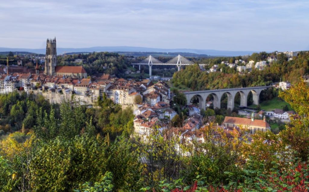 View of Fribourg, Switzerland, with Cathedral, Zähringen and Poya bridges