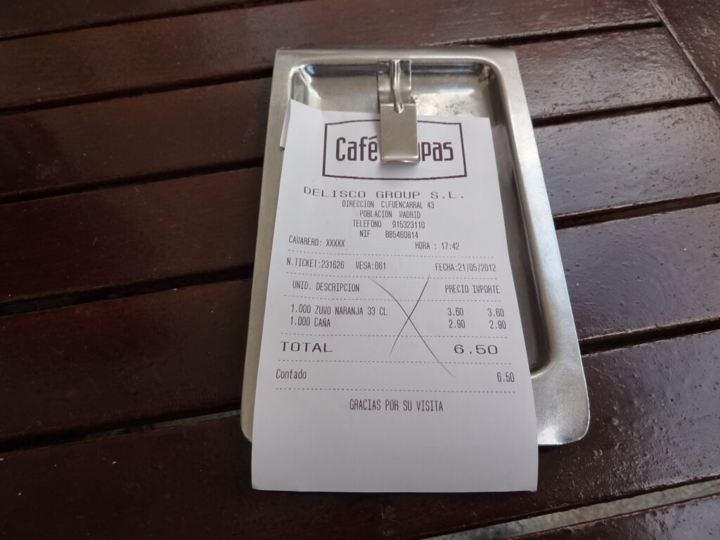 Typical restaurant check in Spain